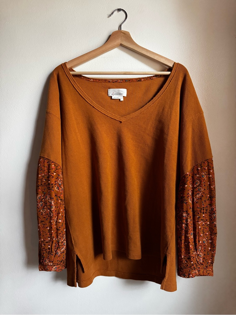 Anthropologie Rust V-Neck Pullover with Printed Bishop Sleeves